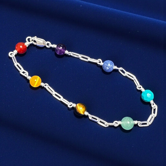7 Chakras Sterling Silver Bracelet – 6mm Natural Stone Beads (7" / 7.5" / 8")