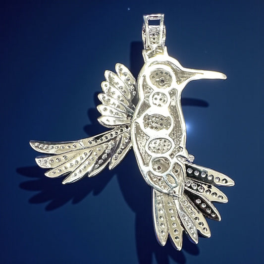 925 Sterling Silver Hummingbird Pendant – 5 cm (Green & Pink Stones)