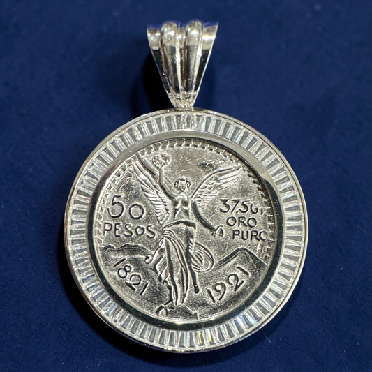 925 Sterling Silver 50 Pesos Coin Pendant – CZ Border / Line Border