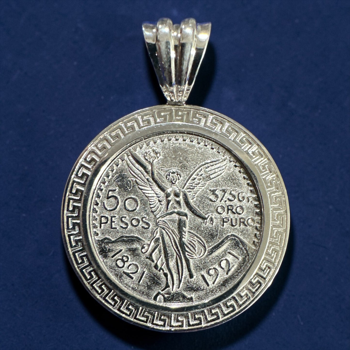 925 Sterling Silver 50 Pesos Coin Pendant – CZ Border / Line Border