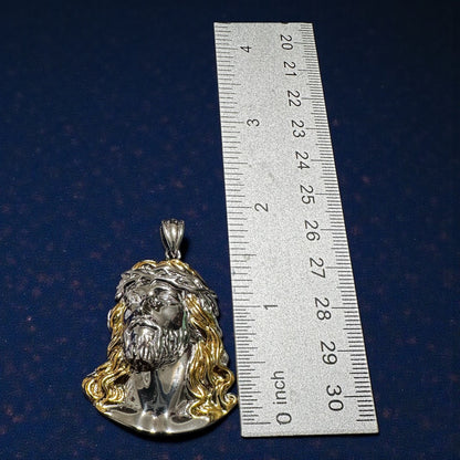Two-Tone 925 Sterling Silver Christ Face Pendant – 2"