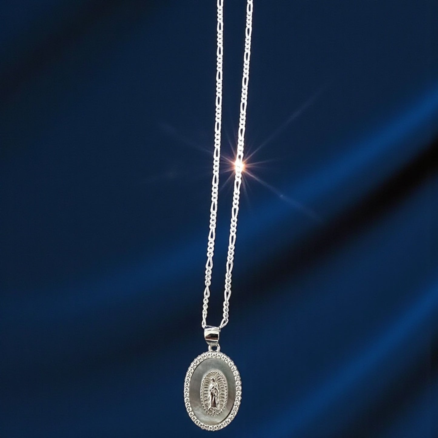 925 Sterling Silver Virgin Mary Shell Pendant – Optional Figaro Chain