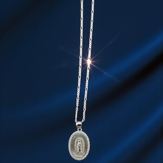 925 Sterling Silver Virgin Mary Shell Pendant – Optional Figaro Chain