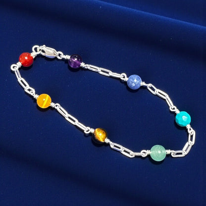 7 Chakras Sterling Silver Bracelet – 6mm Natural Stone Beads (7" / 7.5" / 8")