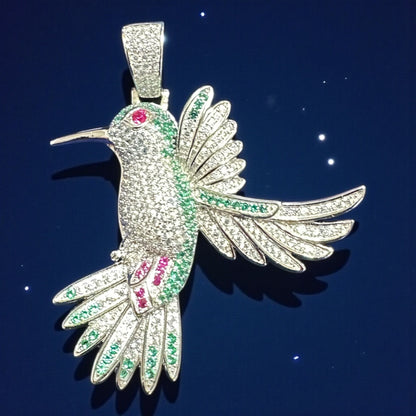 925 Sterling Silver Hummingbird Pendant – 5 cm (Green & Pink Stones)