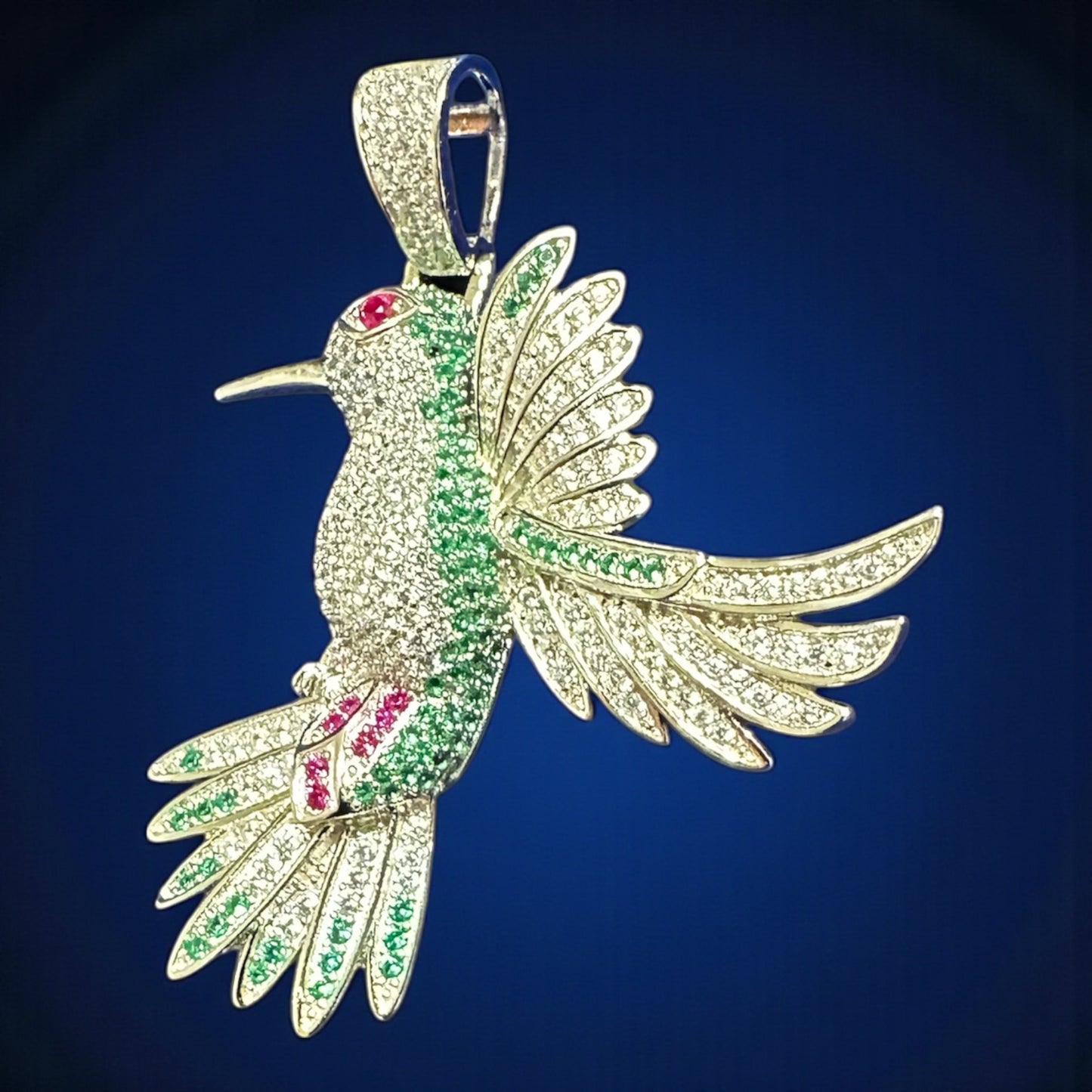 925 Sterling Silver Hummingbird Pendant – 5 cm (Green & Pink Stones)