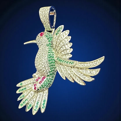 925 Sterling Silver Hummingbird Pendant – 5 cm (Green & Pink Stones)