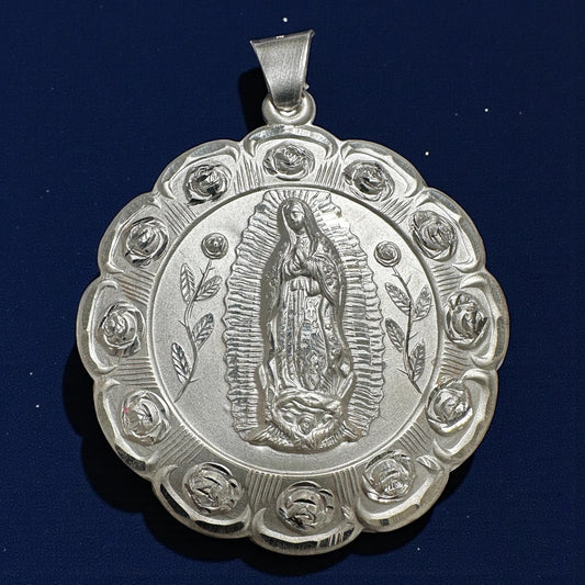 925 Sterling Silver Reversible Virgin Mary & Saint Jude Flower Pendant (6cm / 7cm)