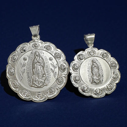 925 Sterling Silver Reversible Virgin Mary & Saint Jude Flower Pendant (6cm / 7cm)