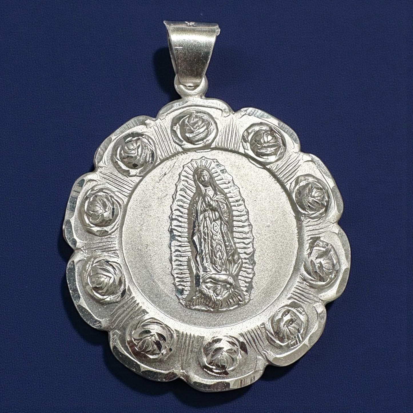 925 Sterling Silver Reversible Virgin Mary & Saint Jude Flower Pendant (6cm / 7cm)
