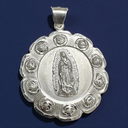 925 Sterling Silver Reversible Virgin Mary & Saint Jude Flower Pendant (6cm / 7cm)