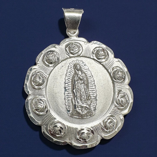 925 Sterling Silver Reversible Virgin Mary & Saint Jude Flower Pendant (6cm / 7cm)