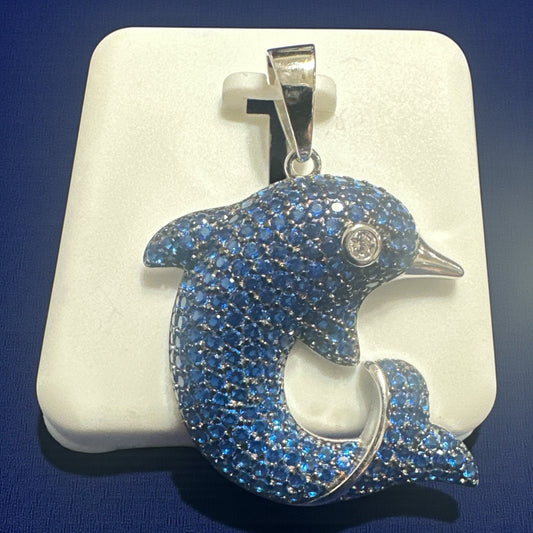 925 Sterling Silver CZ Dolphin Pendant – Blue / Blue & White (3cm / 1")