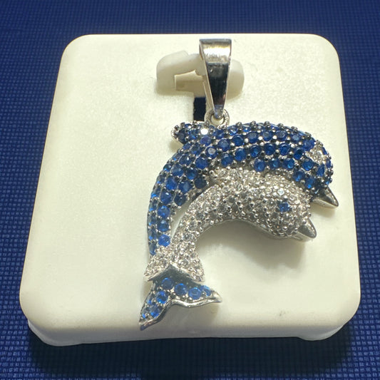 925 Sterling Silver CZ Dolphin Pendant – Blue / Blue & White (3cm / 1")