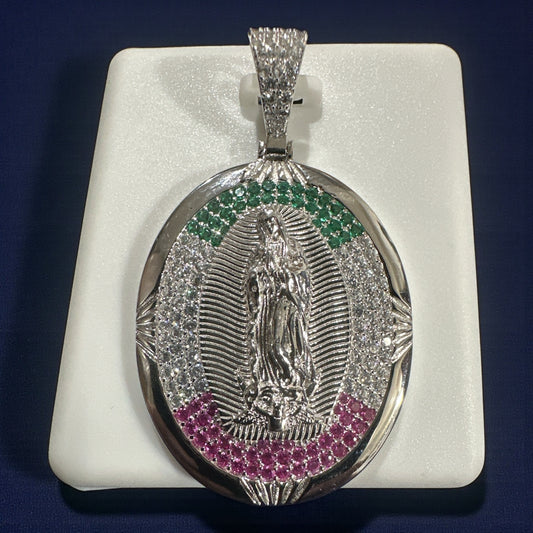 925 Sterling Silver 3-Color Virgen De Guadalupe Pendant 1 3/4"