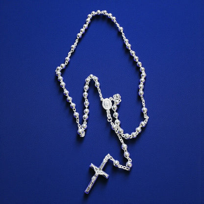 925 Sterling Silver 24" 6mm Rosary Necklace – High Polish Solid