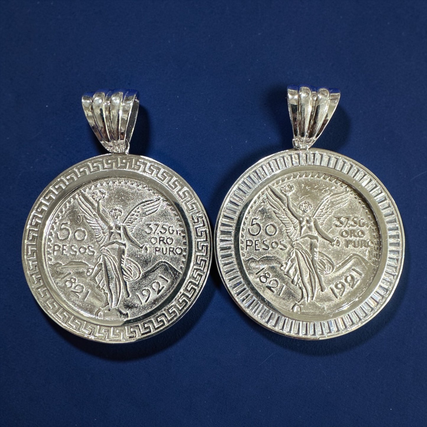 925 Sterling Silver 50 Pesos Coin Pendant – CZ Border / Line Border