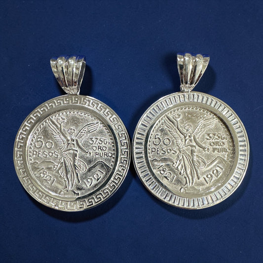 925 Sterling Silver 50 Pesos Coin Pendant – CZ Border / Line Border
