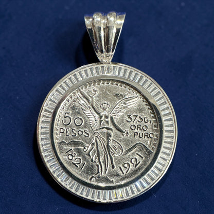 925 Sterling Silver 50 Pesos Coin Pendant – CZ Border / Line Border