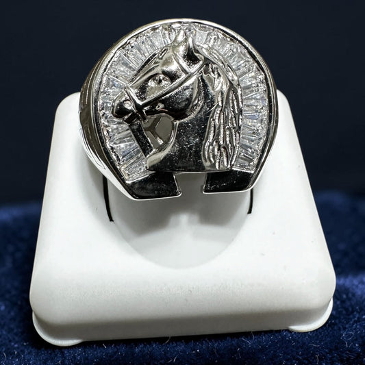 925 Sterling Silver Horse Head Horseshoe Ring (CZ Detail)