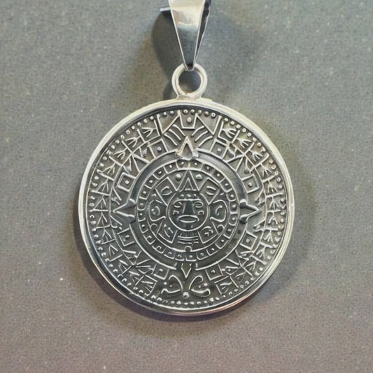 925 Sterling Silver Aztec Calendar Medallion Pendant – 1.5"